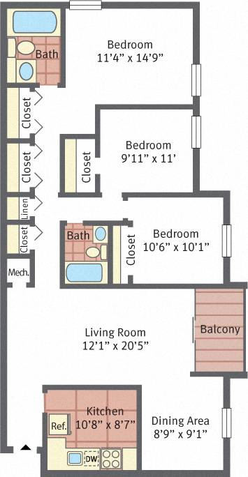 Aspen Hill Apartments - Three Bedroom + Balcony Floor Plan Picture